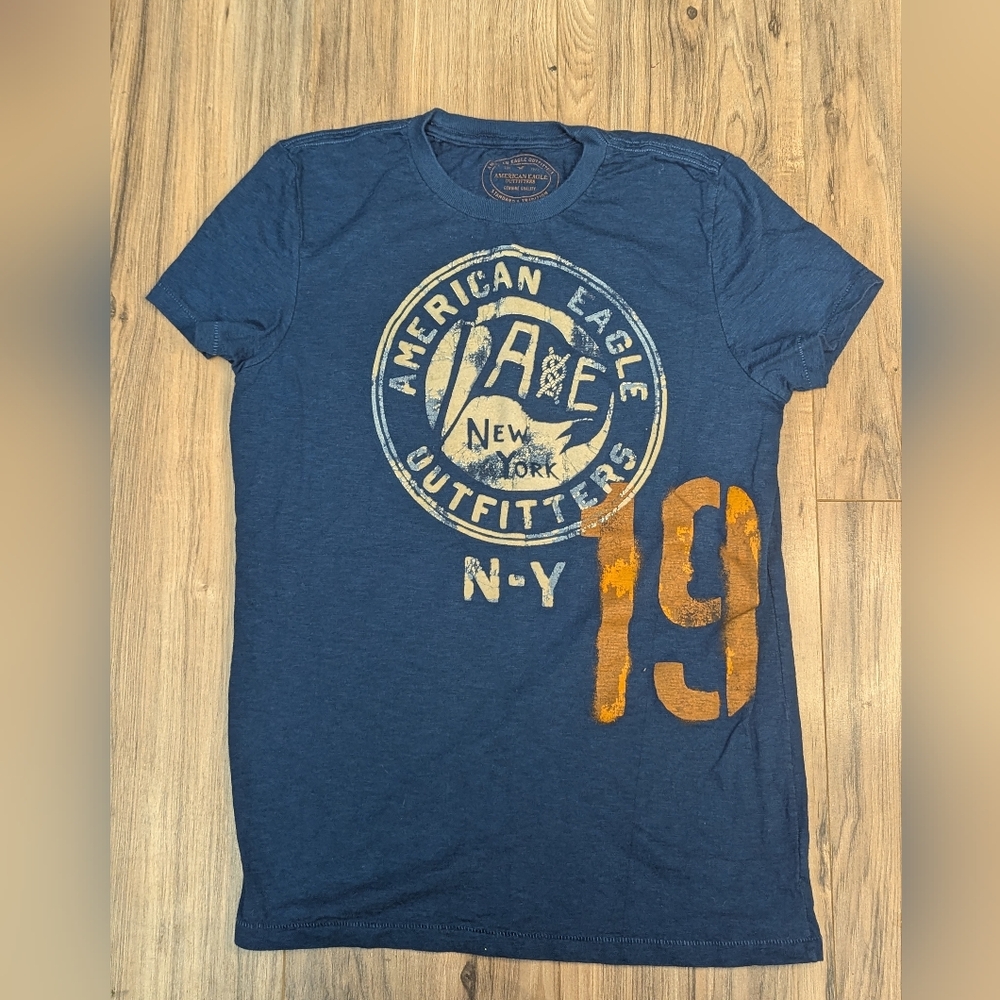 American Eagle Outfitters Navy Graphic Tee Orange Print Men’s XS